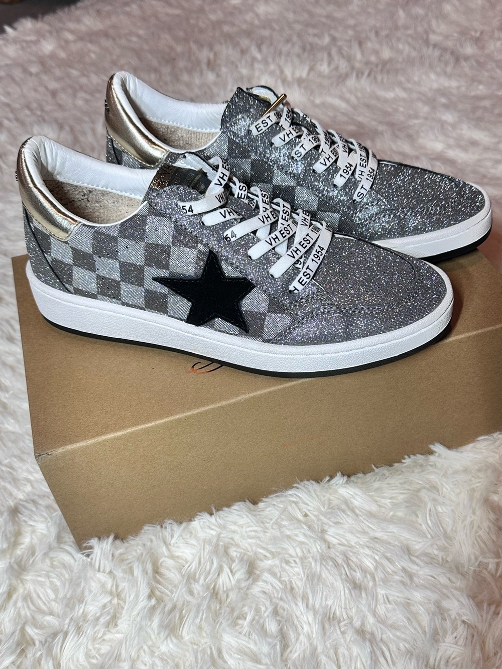 Vintage Havana Silver Glitter Checkerboard Sneakers with Black Star Accent